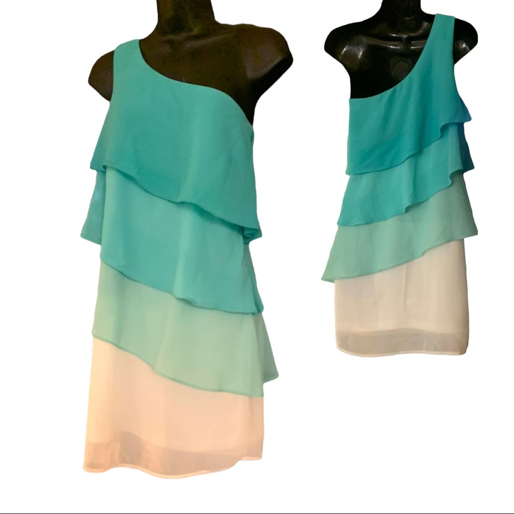 Ombre Chiffon Layered 1 Shoulder Mini Dress  Sz Sm